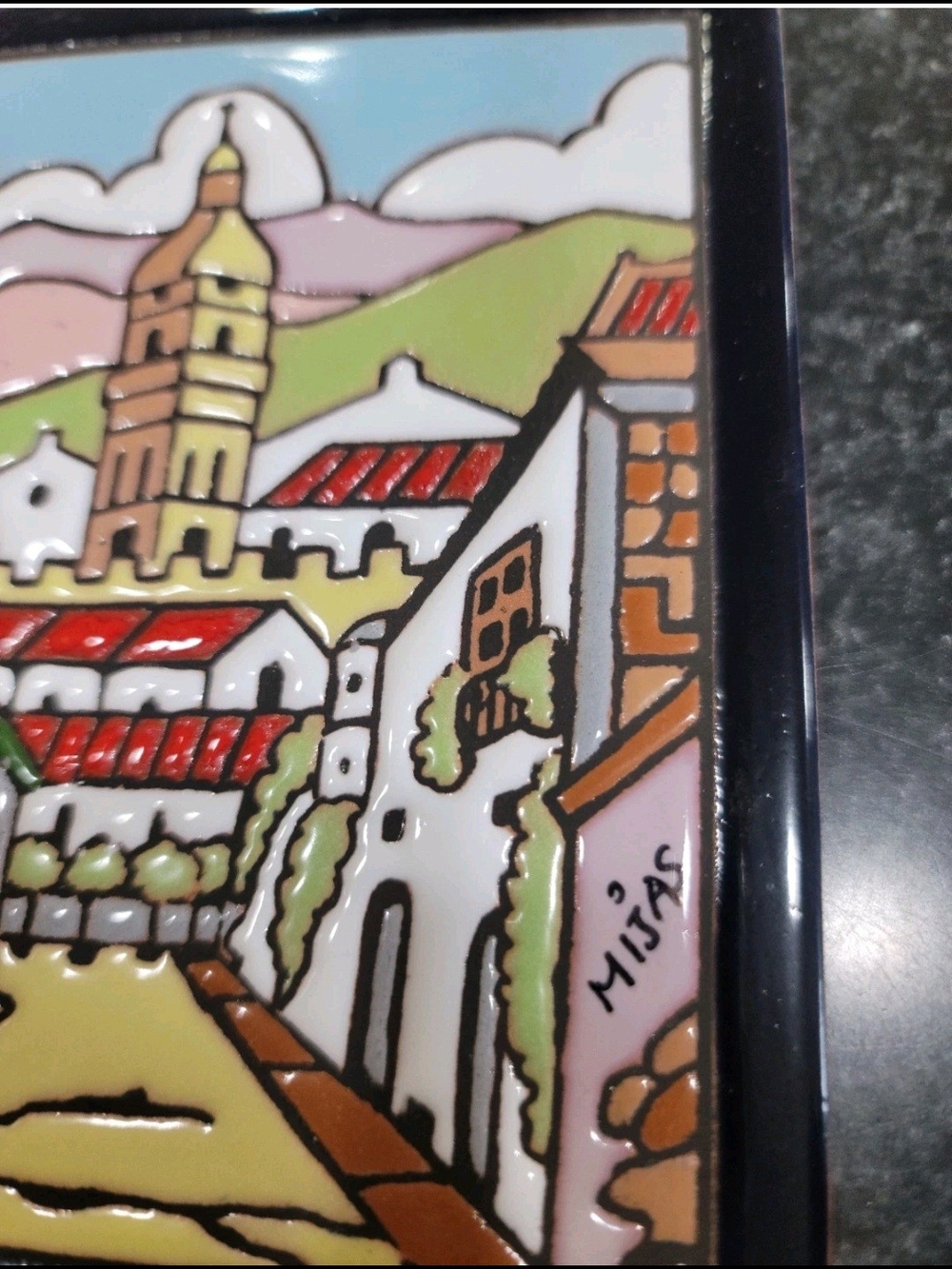 Mijac Signed Glazed Ceramic Townscape Wall Tile Plaque, Glossy, 6x6 in - Picture 5 of 5